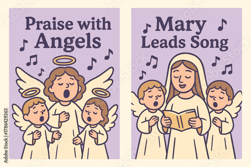 Angelic Choir Banners. Angelic Choir. Two vertical A6 banners with safe margins, centered composition, no elements touching edges, cartoon, lavender and cream,