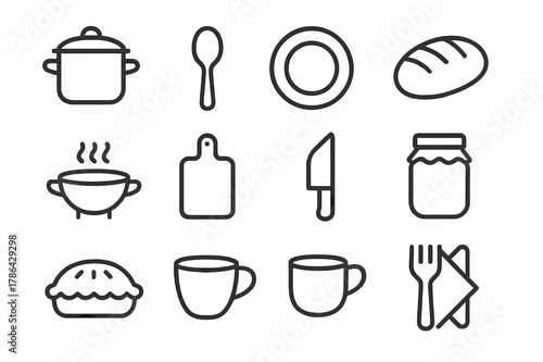 Homemade Meal Icons. Homemade meals. Line outline icon set of homemade meals: pot, spoon, plate, bread, soup