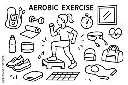 Aerobic Exercise Doodle. Aerobic Exercise. Hand-drawn doodle illustration Aerobic Exercise person stepping on platform, dumbbells, yoga mat, sneakers, water