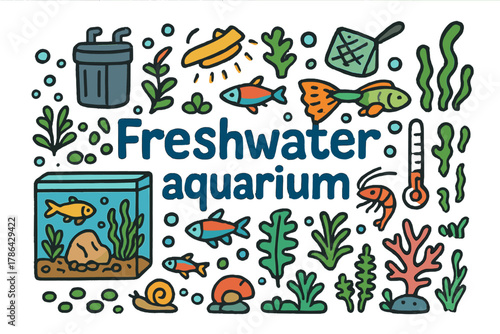 Freshwater Aquarium Doodle. Freshwater aquarium. Hand-drawn doodle illustration of Freshwater aquarium. Fish