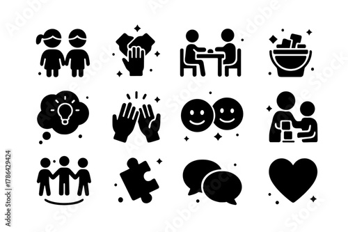 Collaborative Play Icons. Collaborative Play. Solid icons set of Collaborative Play: two children, teamwork hands, shared table, bucket of blocks, idea cloud,