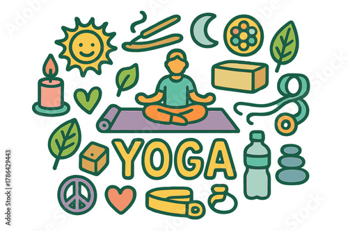 Yoga Doodle Elements. Yoga. Hand-drawn doodle illustration of Yoga. Lotus pose, mat, candle, incense,