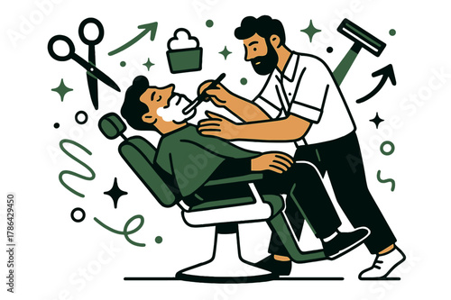 Dynamic Barbershop Art. Barbershop scene. A glowing chair with a customer being shaved by a barber, floating