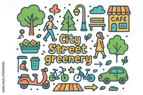 City Street Greenery. City street greenery. Hand-drawn doodle illustration of city street greenery. Trees,