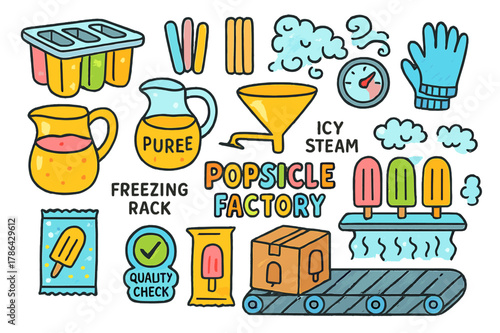 Popsicle Factory Fun. Popsicle factory. Colorful Hand-drawn doodle Children illustration Popsicle factory popsicle molds, wooden sticks, fruit puree pitcher,