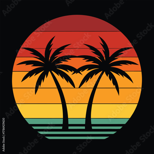 Retro sunset with palm trees and ocean waves on black background