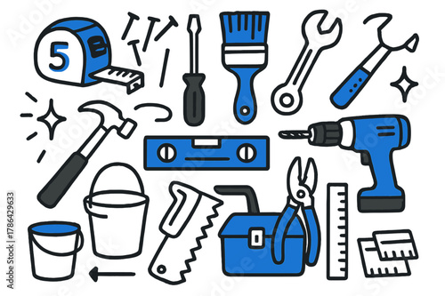 Doodle Toolbox Essentials. // Home improvement tools. Hand-drawn doodle illustration Home improvement tools [tape measure (accented), paintbrush (accented),