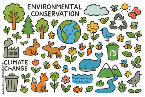 Colorful Conservation Doodle. Environmental Conservation. Colorful Hand-drawn doodle Children illustration Environmental Conservation, trees, plants, flowers,