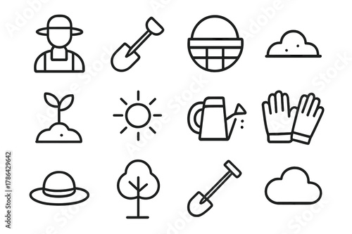 Agriculture Icon Set. Agriculture start. Line outline icon set of agriculture start: farmer, shovel, basket,