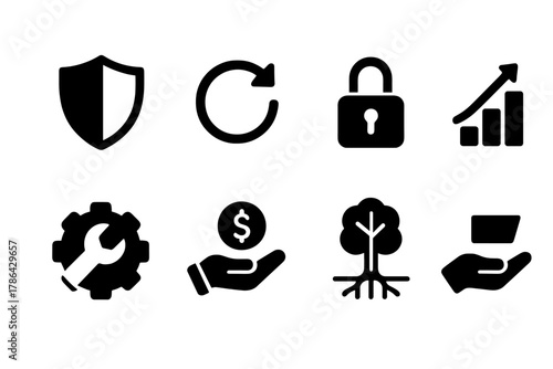 Business Resilience Icons. Business resilience. Filled icon set of business resilience: shield icon, recovery