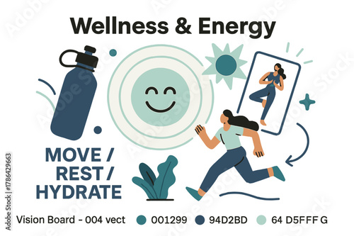 Energy and Wellness Icons. Vision Board ? Wellness & Energy. A water bottle, sun, and yoga pose card cluster in a gentle arc; text ?Move / Rest / Hydrate?.