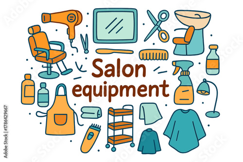 Colorful Salon Equipment. Salon equipment. Hand-drawn doodle illustration of Salon equipment. Hairdryer, salon