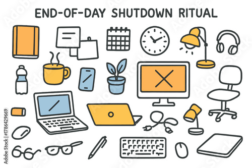 End-of-Day Workspace Scene. End-of-day shutdown ritual. Hand-drawn doodle illustration laptop (colored), computer screen (colored), smartphone (colored),