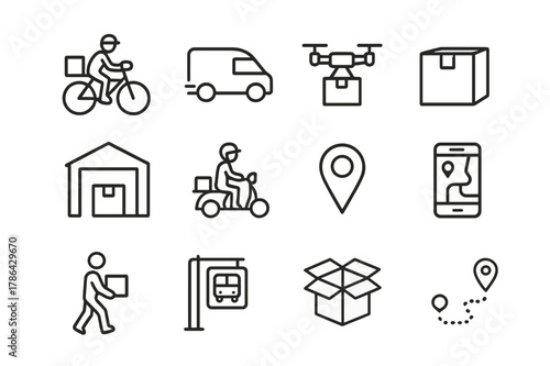 Courier Services Icons. Courier services. Line icon set of courier services: bicycle courier, delivery van, drone, package, warehouse, scooter, map marker,