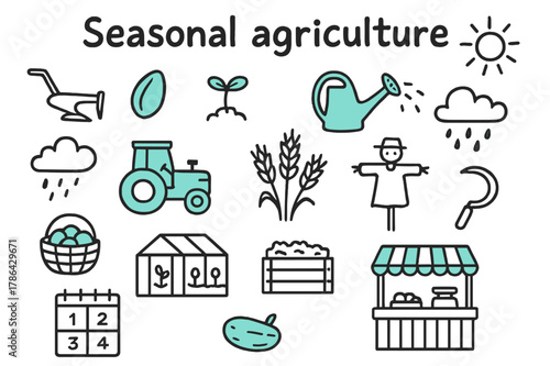 Seasonal Agriculture Icons. // Seasonal agriculture. Hand-drawn doodle illustration Seasonal agriculture [plow, seed (accented), sprout, watering can