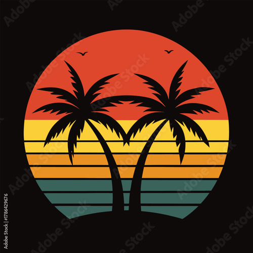 Retro sunset with palm trees birds and ocean waves on black background