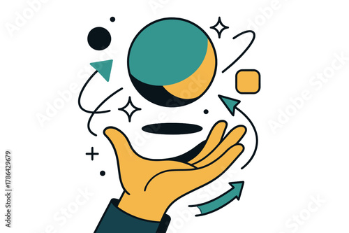 Futuristic Sphere Mastery. Sphere. Sphere levitating above hand with abstract floating icons, arrows, and sparkles; emphasizes control, focus, and futuristic