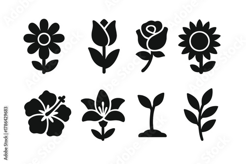 Floral Icon Set. Floral variety. Filled icon set of floral variety: daisy flower, tulip, rose bloom, sunflower