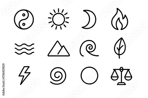 Cosmic Balance Icons. Cosmic balance. Line icon set of cosmic balance: yin-yang symbol, sun, moon, fire, water, mountain, ocean wave, leaf, lightning bolt,