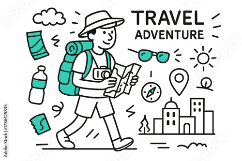 Exploring New City. Travel adventure. A tourist exploring a new city. Hand-drawn doodle illustration A tourist exploring a new city, map, colored backpack,