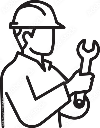 Skilled tradesperson in hard hat holding a wrench, ready for repair work.