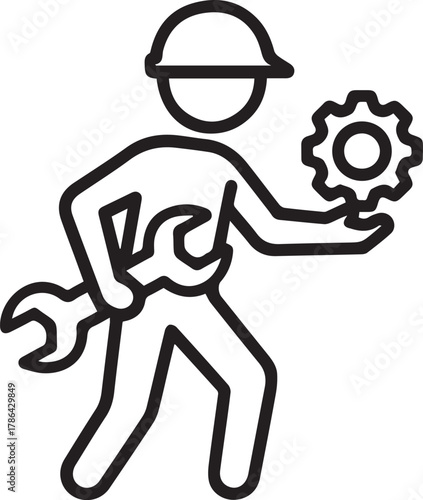 Skilled worker with wrench and gear, symbolizing construction and engineering expertise.