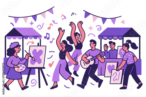 Vibrant Art Festival. Local art festival. Street filled with open-air booths, painters, musicians, and