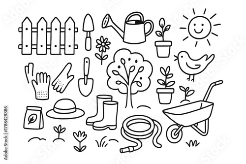 Backyard Gardening Doodles. Backyard gardening. Hand-drawn doodle illustration backyard gardening fence, potted plants, watering can, spade, wheelbarrow,