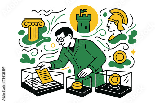 Heritage Display Art. Heritage preservation. Curator arranging documents and artifacts in display cases,