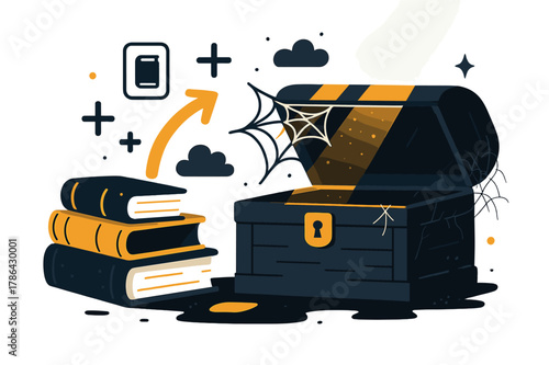 Forgotten Attic Treasures. Antique Books ? Forgotten Attic. A dusty chest open beside a few books; faint sunbeams cut through slanted air. A cobweb stretches