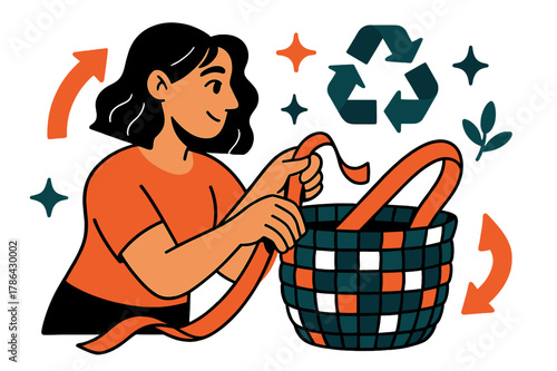 Eco-Friendly Basket Weaving. Upcycling and creative reuse of materials. Individual weaving baskets from recycled fabric strips with abstract floating arrows,