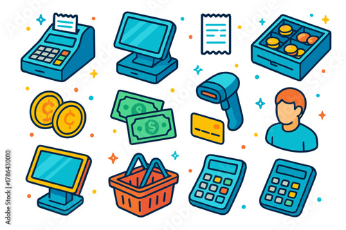 Colorful POS Isometric Icons. Point of sale setup. Colorful isometric vector icons set of point of sale setup: cash register, POS system, receipt, cash drawer,