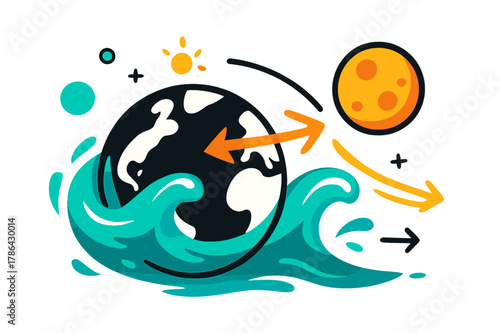 Tidal Gravitational Effects. Tidal forces. A stylized Earth and Moon with glowing water waves and stretching