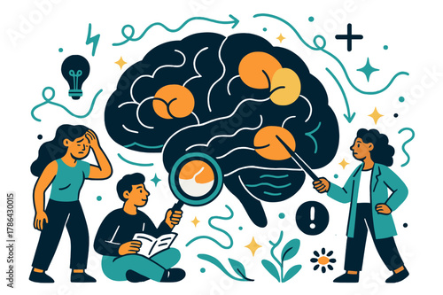 Dynamic Brain Illustration. Brain disorders and conditions. Illustration of brain with highlighted regions and abstract floating lines, icons, and sparkles;