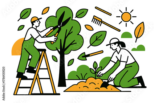 Geometric Gardening Art. Outdoor maintenance. Professionals pruning trees and arranging garden beds, abstract