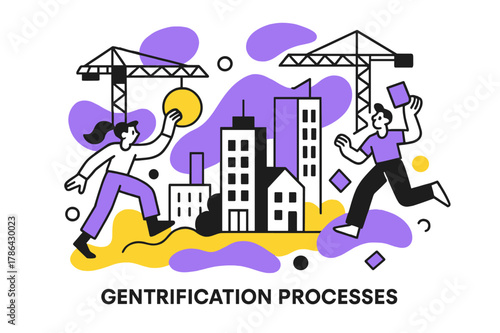 Urban Renewal Artistry. Gentrification Processes. Construction cranes over city buildings with floating abstract geometric shapes, representing urban renewal