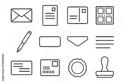 Postal Stationery Icons. Postal Stationery. Line icon set of Postal Stationery: envelope, letter sheet, postcard, stamp sheet, writing pen, air mail label,