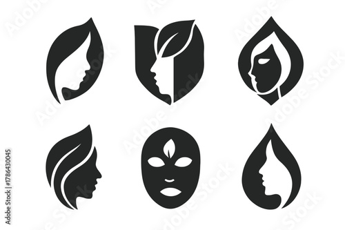 Skincare Icon Grid. Personal Appearance. Set Logo of Skincare Icon: Filled silhouette, Abstract geometric, Negative space, Symmetrical form, Stylized detail,