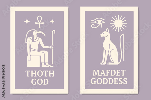 Egyptian Deity Banners. Egyptian Gods. Two vertical A6 banners with safe margins, centered composition, no elements touching edges, minimal, lavender and