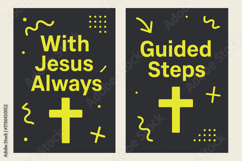 Journey with Christ. Journey with Christ. Two vertical A6 banners with safe margins, centered composition, no elements touching edges, memphis, charcoal and