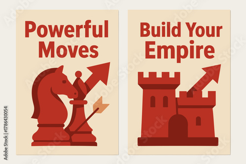 Powerful Moves Banner. Powerful moves. Two vertical A6 banners with safe margins, centered composition, no elements touching edges, flat vector design, red and