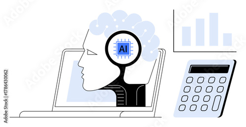 Human head with AI brain on a laptop screen, calculator, and data chart. Ideal for AI, technology, innovation, data, machine learning digital transformation education. Clean flat metaphor