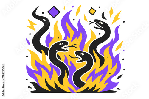Inferno Serpents Dance. Writhing Serpents in Fire. Serpents emerging from a blazing inferno with floating abstract geometric flames and sparks, dramatic and