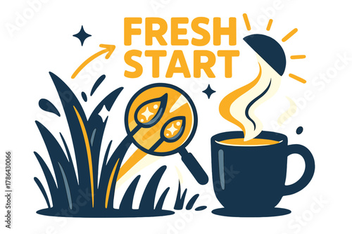 Sunlit Dew Drops. Morning dew. Sunlight flicks on like a switch as droplets sparkle on blades of grass; ?Fresh start? glows above a steaming cup. A magnifying