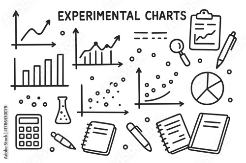 Experimental Charts Icons. Experimental Charts. Hand-drawn doodle illustration Experimental Charts line graph, bar chart, scatter plot, pie chart, axes,