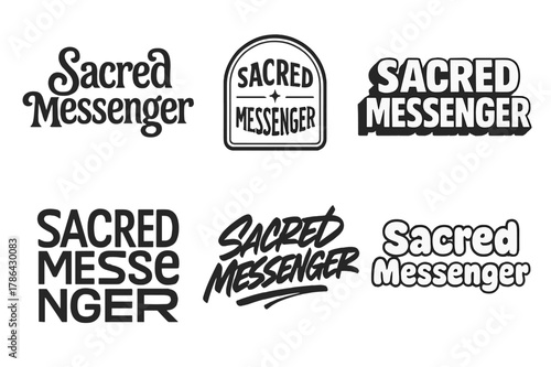 Sacred Lettering Variations. Sacred Messenger. Set lettering. harmonious lettering variations of the same emblematic concept (Whimsical curly type with