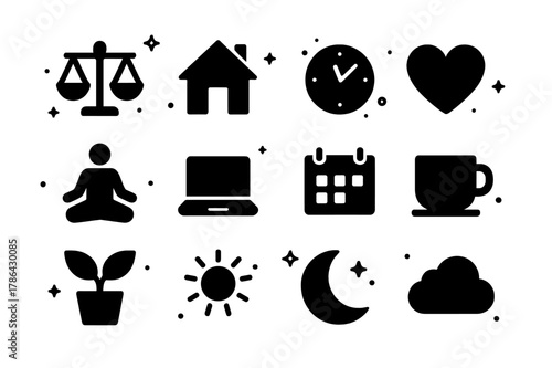Balance Icon Set. Work-Life Balance. Solid icons set of Work-Life Balance: scale, house, clock, heart, yoga pose, laptop, calendar, cup, plant, sun, moon,