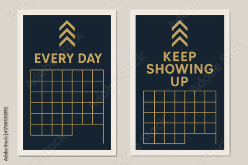 Navy Gold Banners. Consistency. Two vertical A6 banners with safe margins, centered composition, no elements touching edges, modern, navy and gold, calendar