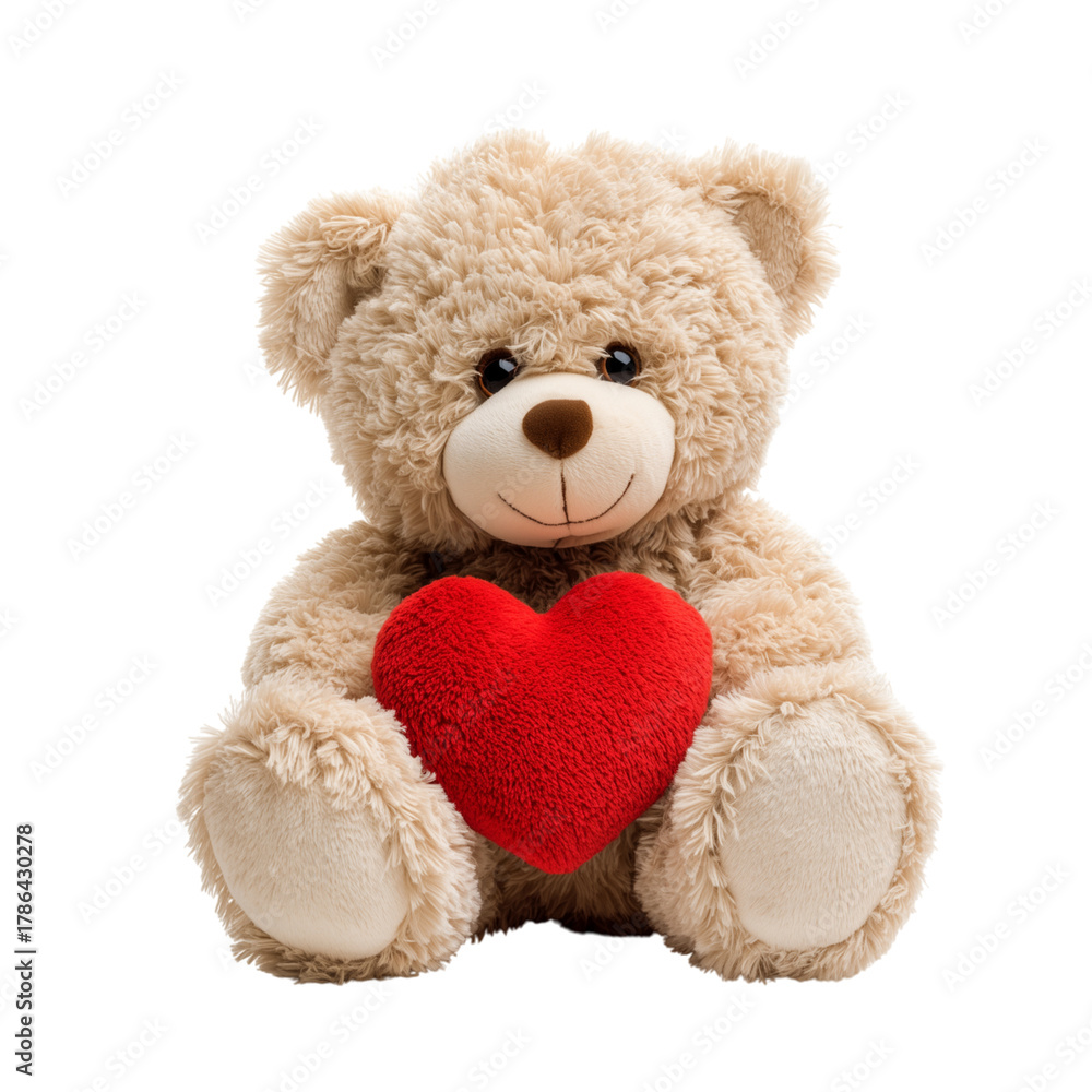 Obraz premium A cute beige teddy bear holding a bright red heart, isolated on a white background. The plush toy looks soft and cuddly, symbolizing love, affection, and warmth. Perfect for Valentine’s Day