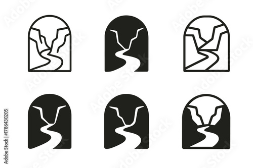 Canyon Logo Variations. Canyon view. Set Logo of Canyon view: meandering river at canyon base. harmonious logo variations of the same emblematic concept, each